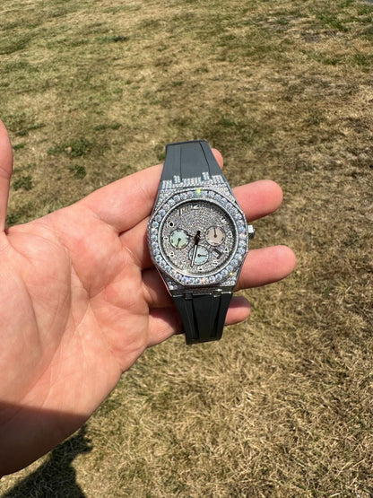 Hip Hop Real MOISSANITE Mens Watch Iced Skeleton Back 44mm Hip Hop - Gray Silicone Band