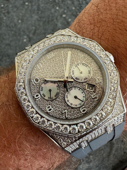 Hip Hop Real MOISSANITE Mens Watch Iced Skeleton Back 44mm Hip Hop - Gray Silicone Band