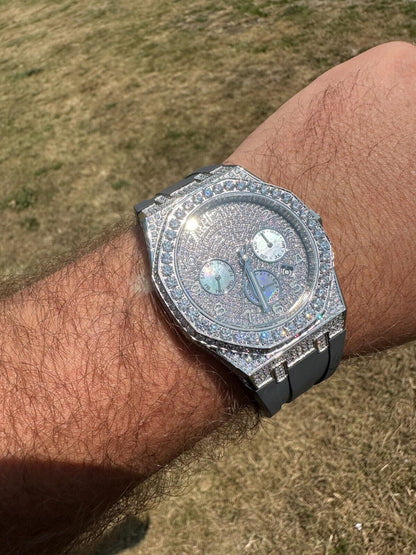 Hip Hop Real MOISSANITE Mens Watch Iced Skeleton Back 44mm Hip Hop - Gray Silicone Band