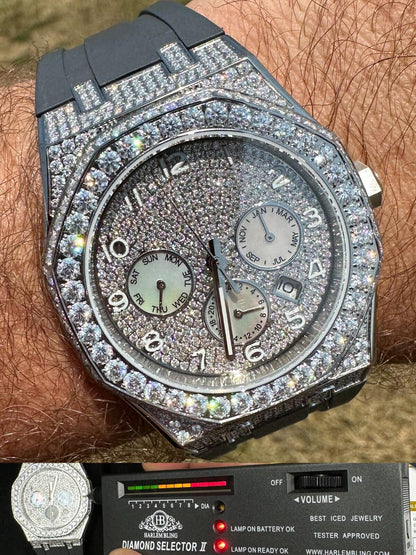 Hip Hop Real MOISSANITE Mens Watch Iced Skeleton Back 44mm Hip Hop - Gray Silicone Band