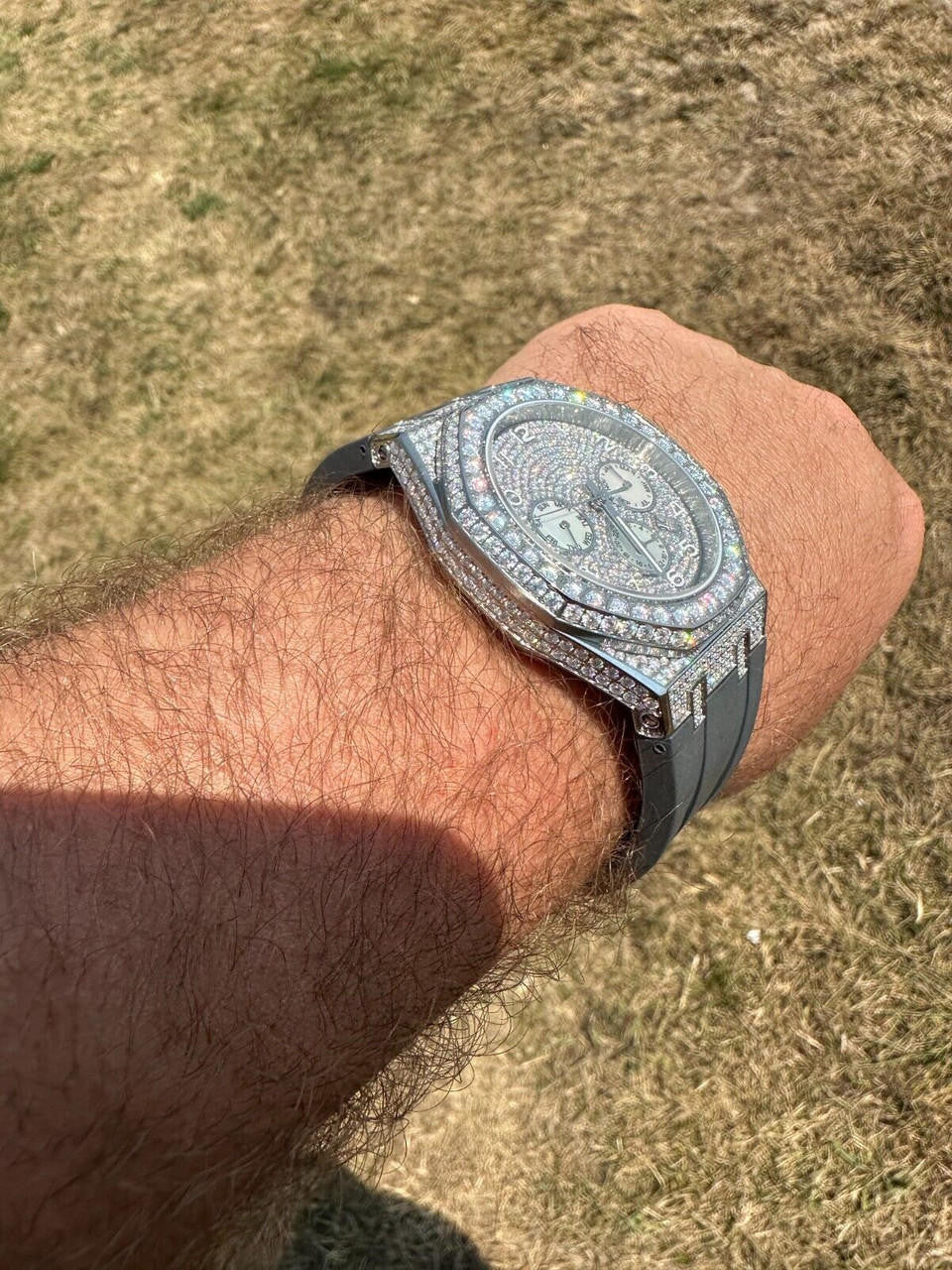 Hip Hop Real MOISSANITE Mens Watch Iced Skeleton Back 44mm Hip Hop - Gray Silicone Band