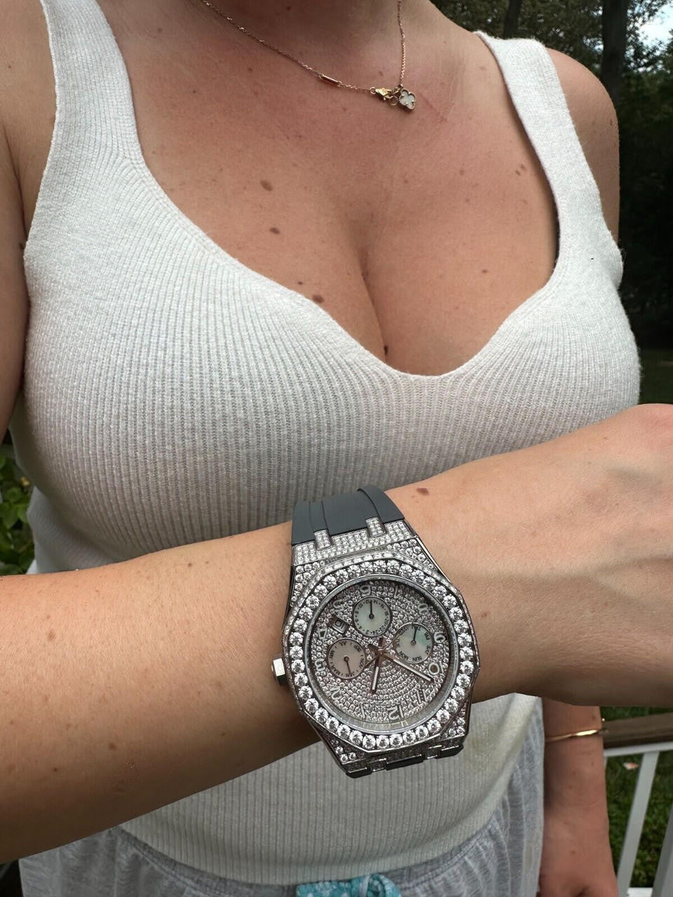 Hip Hop Real MOISSANITE Mens Watch Iced Skeleton Back 44mm Hip Hop - Gray Silicone Band