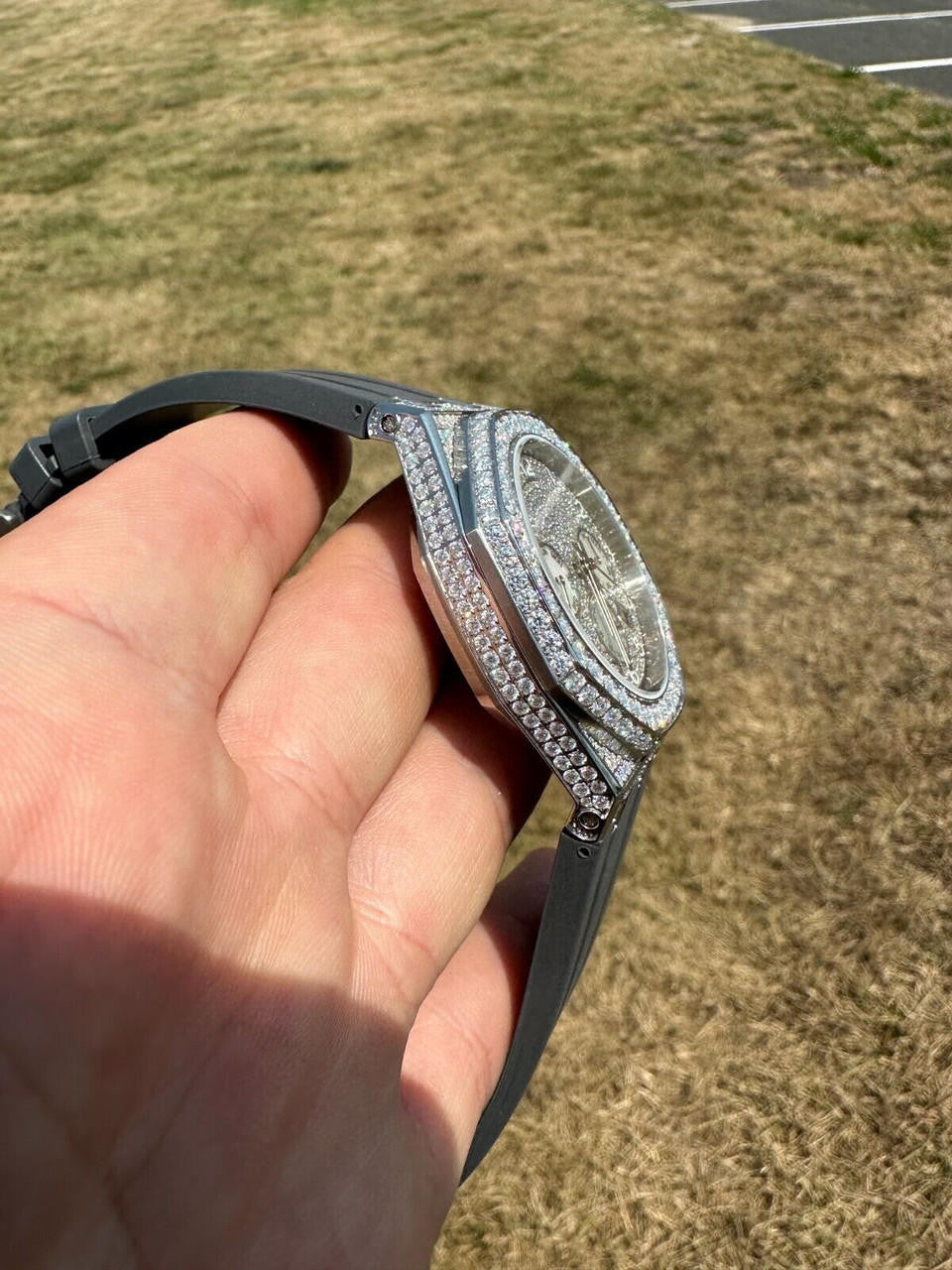 Hip Hop Real MOISSANITE Mens Watch Iced Skeleton Back 44mm Hip Hop - Gray Silicone Band