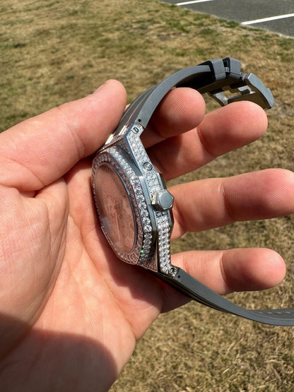 Hip Hop Real MOISSANITE Mens Watch Iced Skeleton Back 44mm Hip Hop - Gray Silicone Band