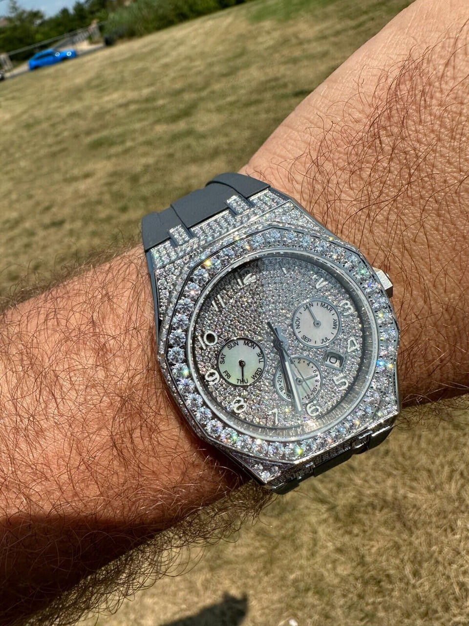 Hip Hop Real MOISSANITE Mens Watch Iced Skeleton Back 44mm Hip Hop - Gray Silicone Band