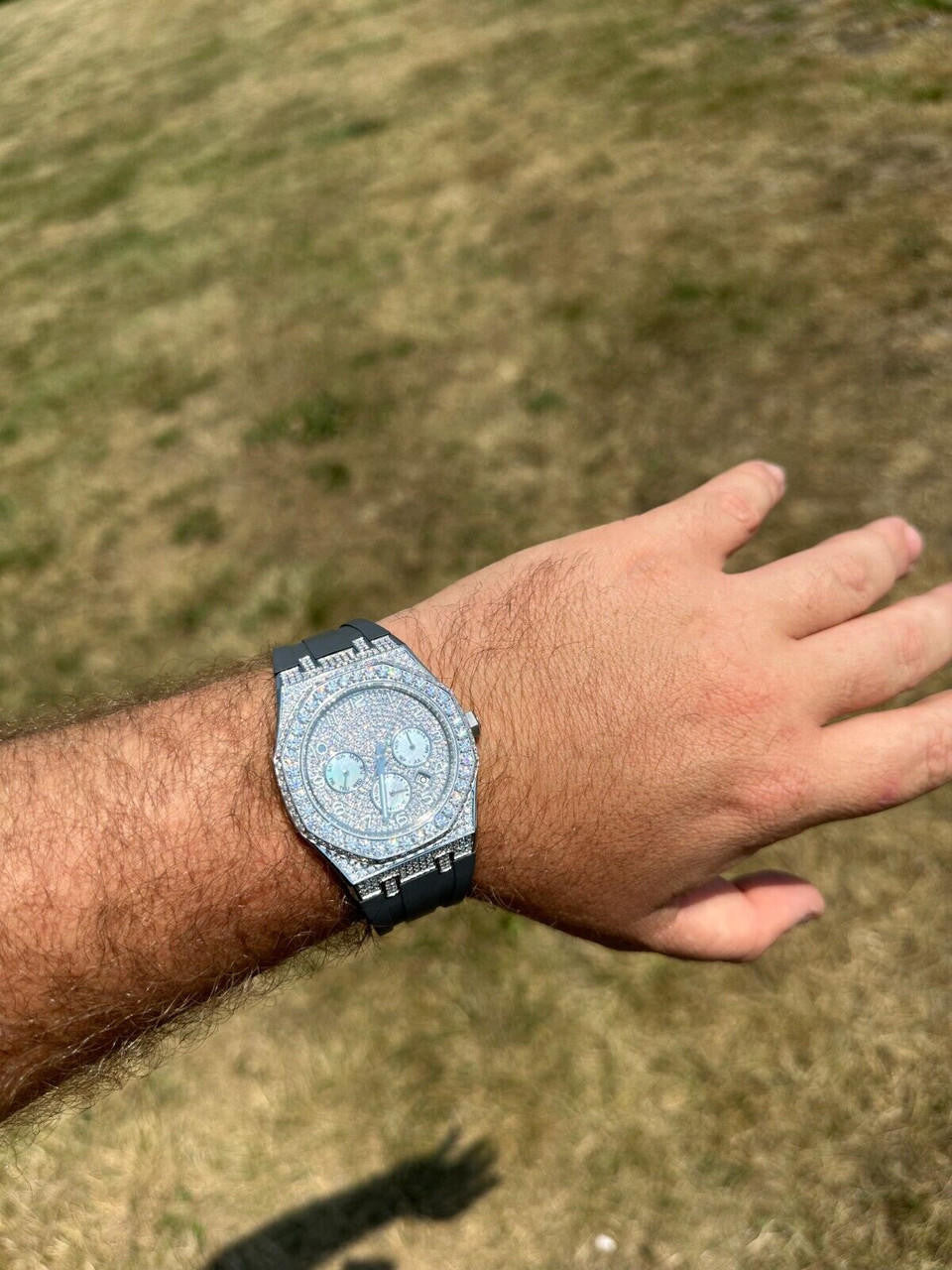 Hip Hop Real MOISSANITE Mens Watch Iced Skeleton Back 44mm Hip Hop - Gray Silicone Band