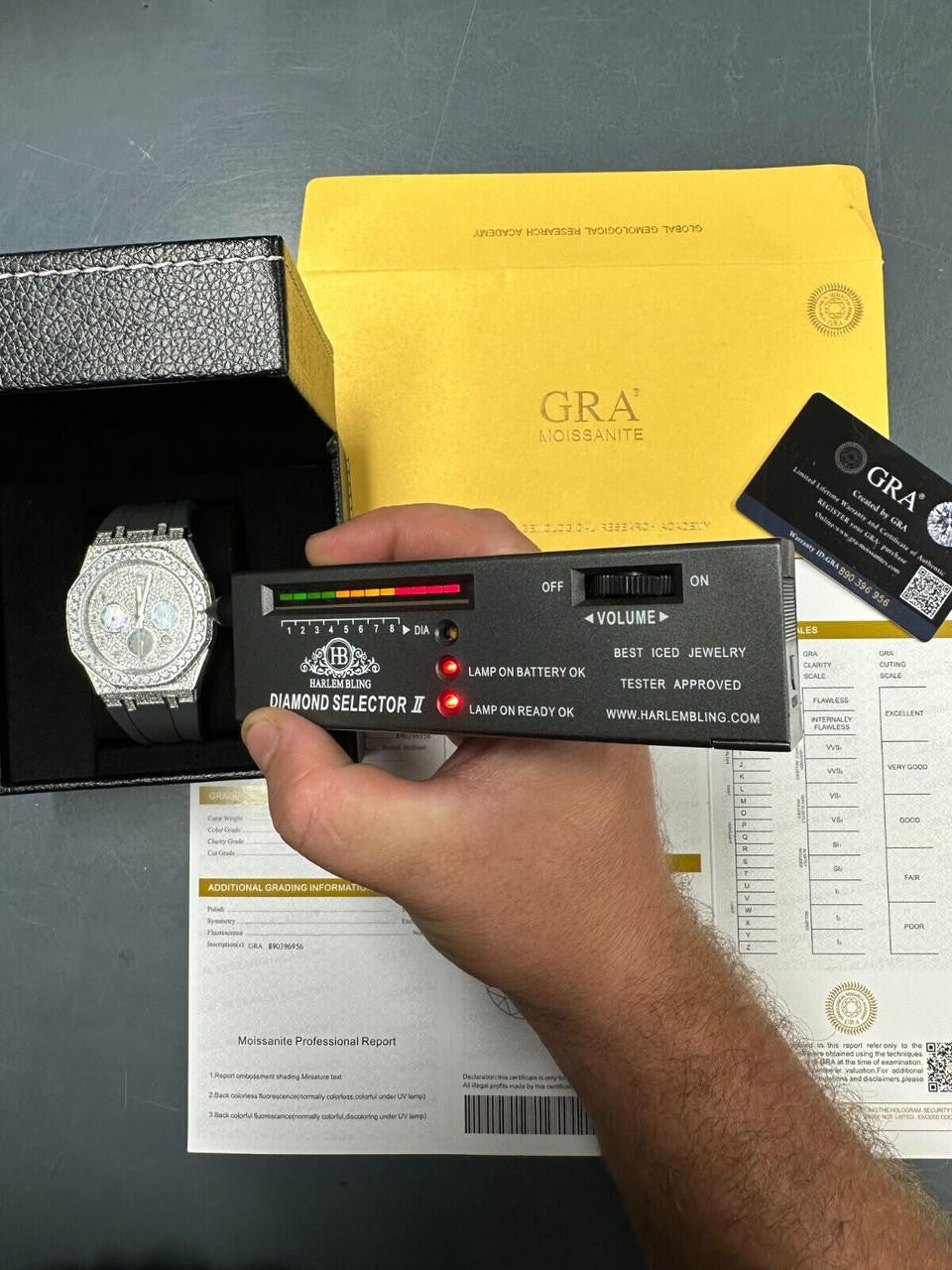 Hip Hop Real MOISSANITE Mens Watch Iced Skeleton Back 44mm Hip Hop - Gray Silicone Band