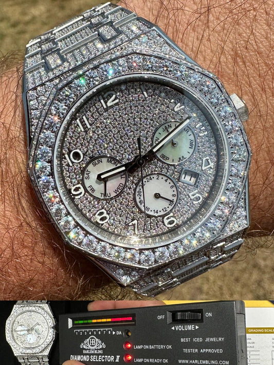 Hip Hop Real MOISSANITE Mens Watch Iced Skeleton Back 44mm Hip Hop Passes Diamond Tester.