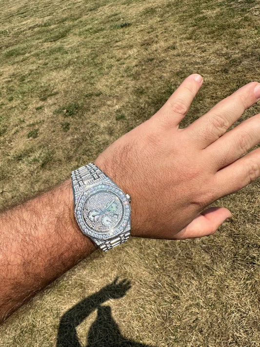 Hip Hop Real MOISSANITE Mens Watch Iced Skeleton Back 44mm Hip Hop Passes Diamond Tester.