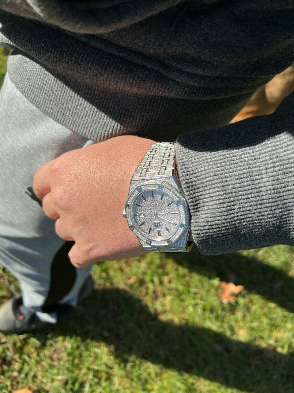 Real MOISSANITE Mens Watch Iced Skeleton Back 44mm Hip Hop Passes