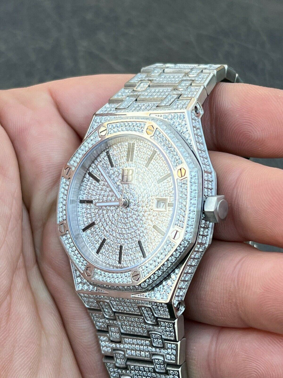 Real MOISSANITE Mens Watch Iced Skeleton Back 44mm Hip Hop Passes