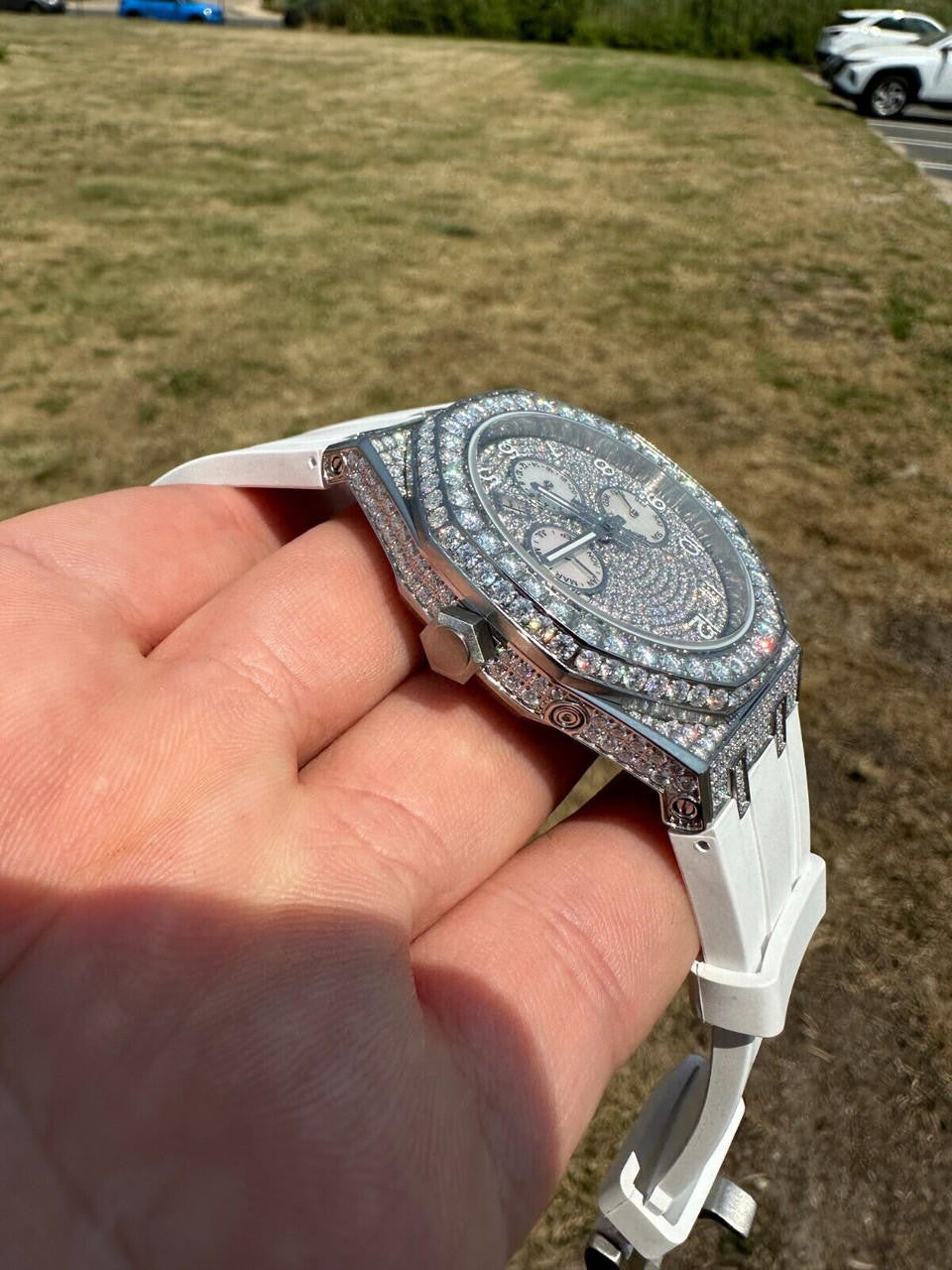 Hip Hop Real MOISSANITE Mens Watch Iced Skeleton Back 44mm Hip Hop - White Silicone Band