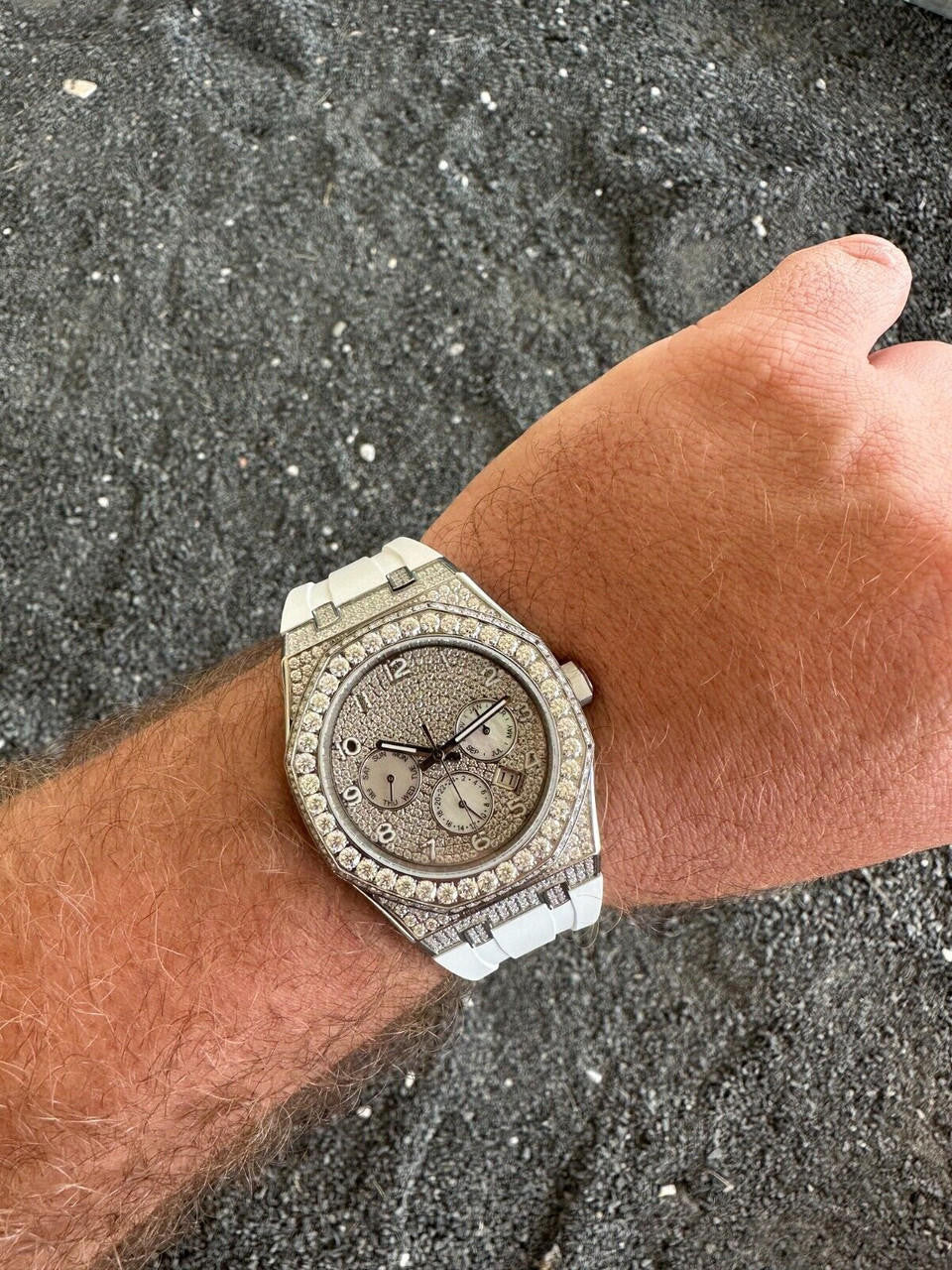 Hip Hop Real MOISSANITE Mens Watch Iced Skeleton Back 44mm Hip Hop - White Silicone Band