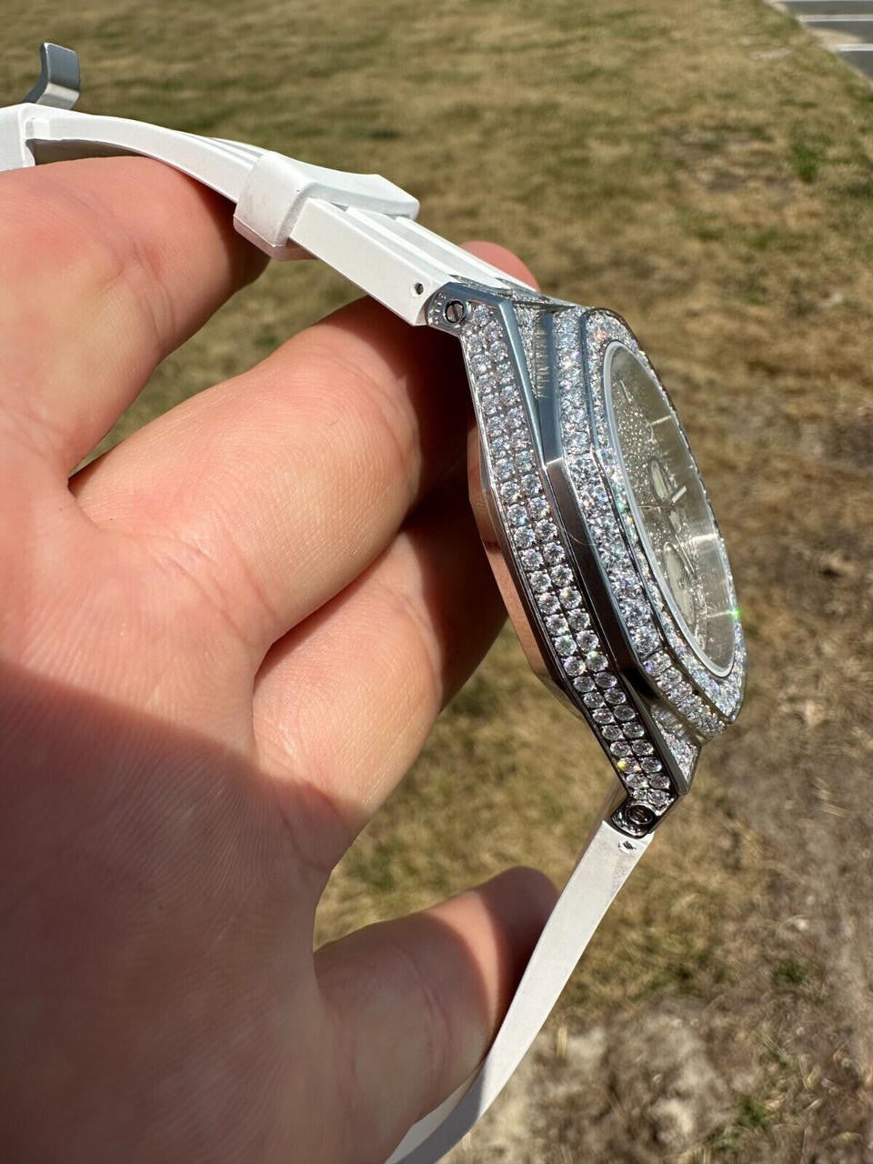 Hip Hop Real MOISSANITE Mens Watch Iced Skeleton Back 44mm Hip Hop - White Silicone Band