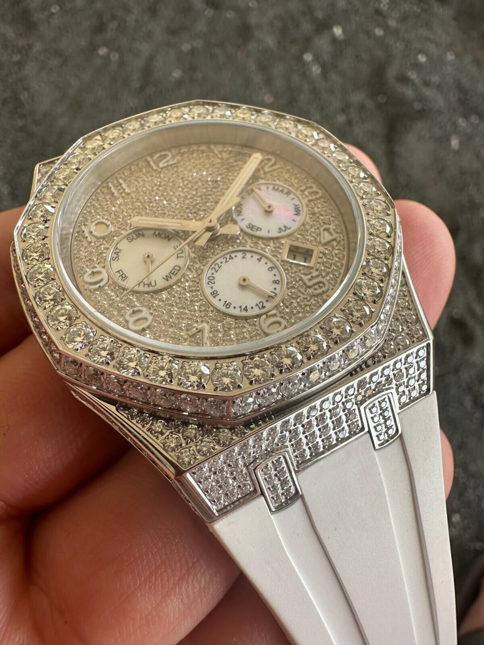 Hip Hop Real MOISSANITE Mens Watch Iced Skeleton Back 44mm Hip Hop - White Silicone Band