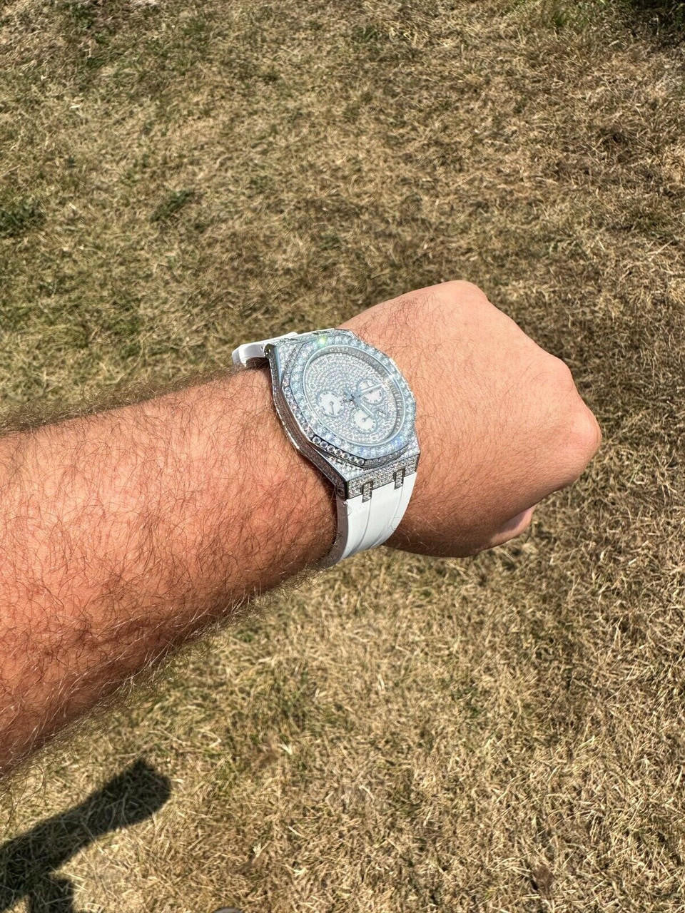 Hip Hop Real MOISSANITE Mens Watch Iced Skeleton Back 44mm Hip Hop - White Silicone Band