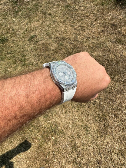 Hip Hop Real MOISSANITE Mens Watch Iced Skeleton Back 44mm Hip Hop - White Silicone Band