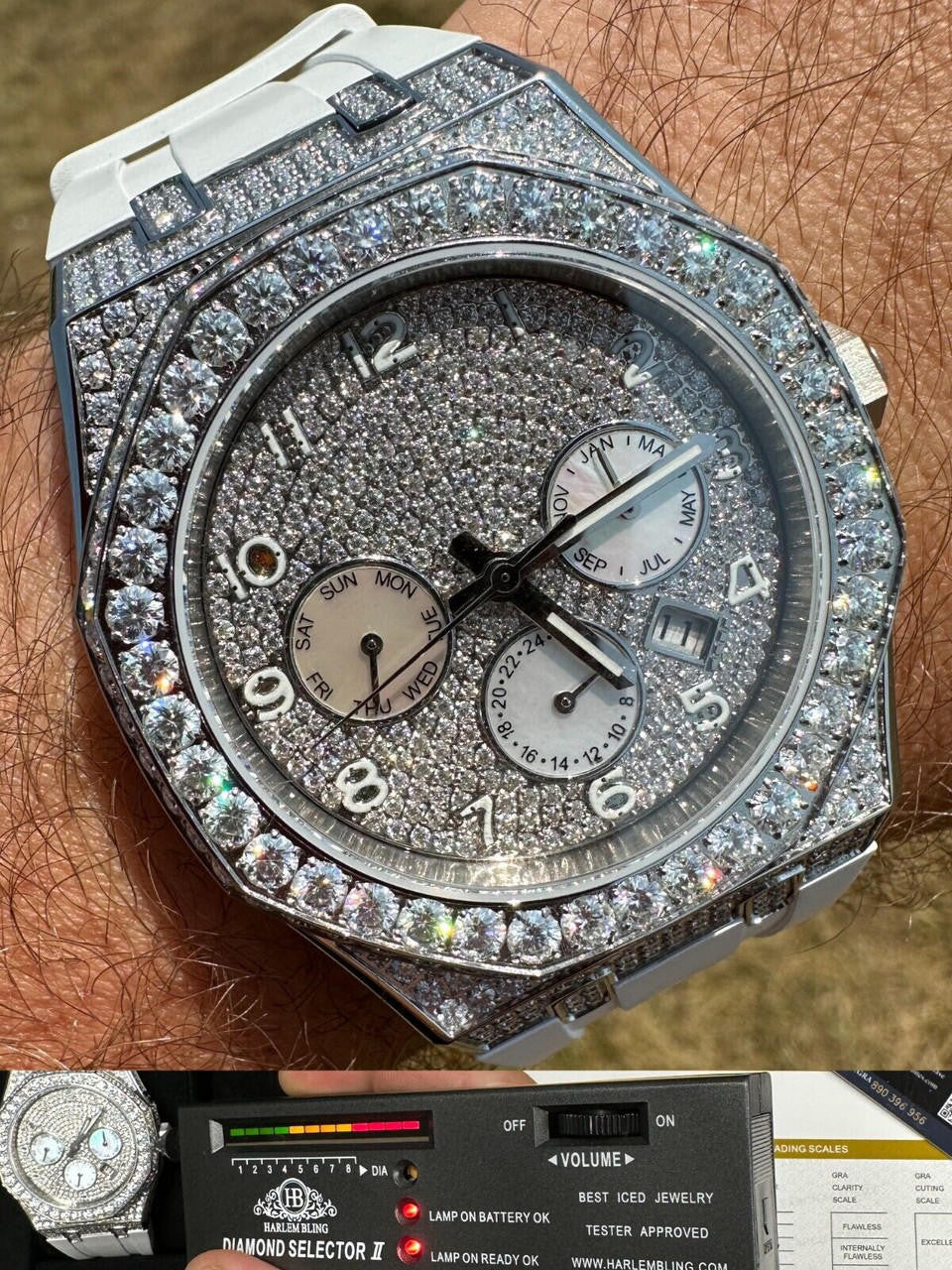 Hip Hop Real MOISSANITE Mens Watch Iced Skeleton Back 44mm Hip Hop - White Silicone Band