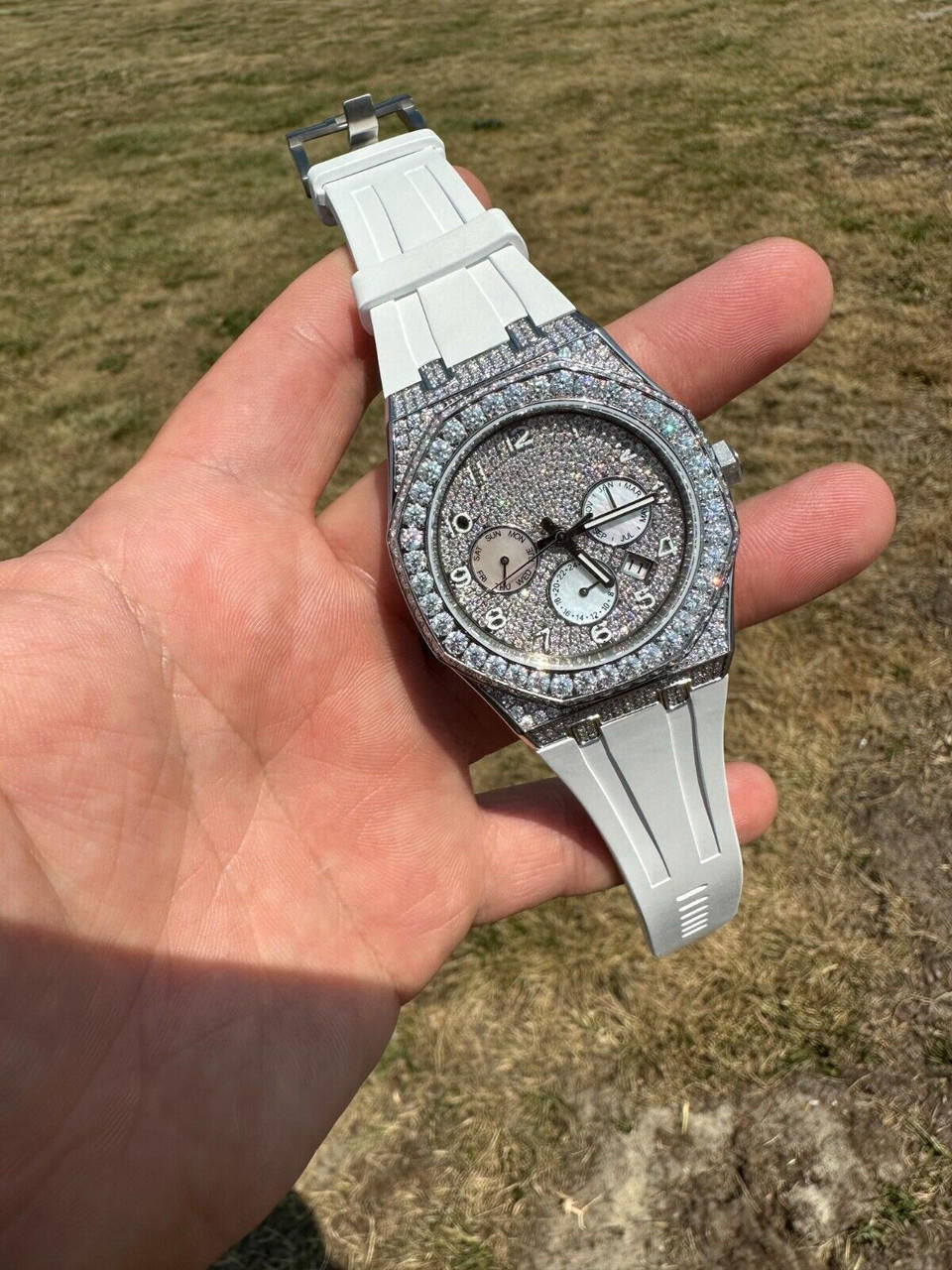 Hip Hop Real MOISSANITE Mens Watch Iced Skeleton Back 44mm Hip Hop - White Silicone Band