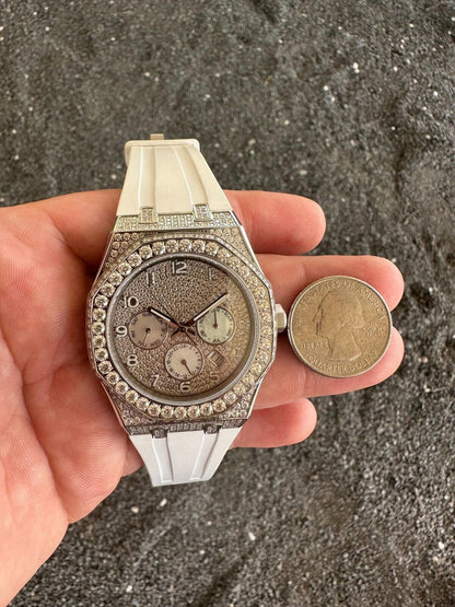 Hip Hop Real MOISSANITE Mens Watch Iced Skeleton Back 44mm Hip Hop - White Silicone Band