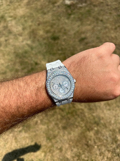 Hip Hop Real MOISSANITE Mens Watch Iced Skeleton Back 44mm Hip Hop - White Silicone Band