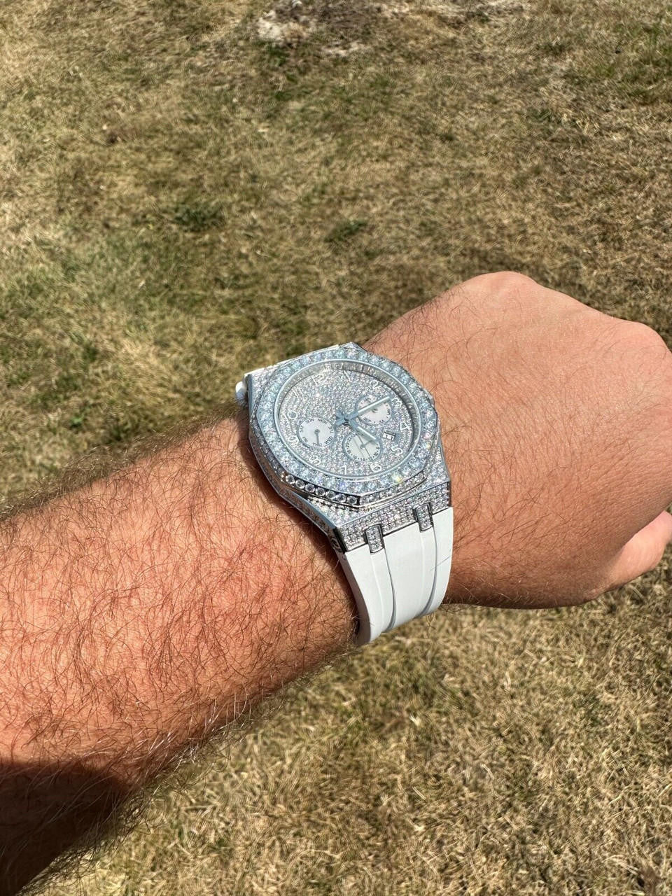 Hip Hop Real MOISSANITE Mens Watch Iced Skeleton Back 44mm Hip Hop - White Silicone Band