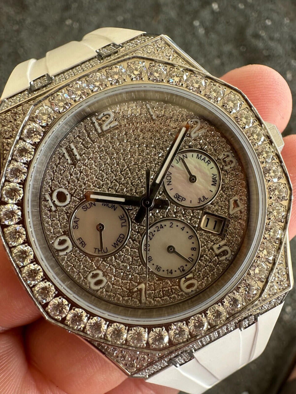 Hip Hop Real MOISSANITE Mens Watch Iced Skeleton Back 44mm Hip Hop - White Silicone Band