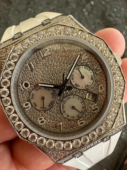 Hip Hop Real MOISSANITE Mens Watch Iced Skeleton Back 44mm Hip Hop - White Silicone Band