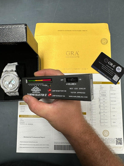 Hip Hop Real MOISSANITE Mens Watch Iced Skeleton Back 44mm Hip Hop - White Silicone Band