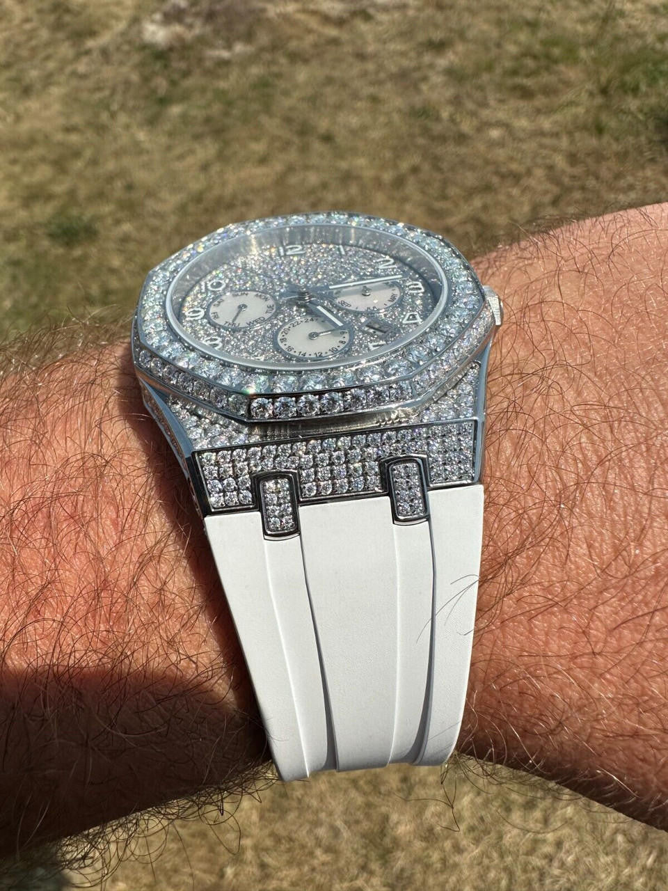 Hip Hop Real MOISSANITE Mens Watch Iced Skeleton Back 44mm Hip Hop - White Silicone Band