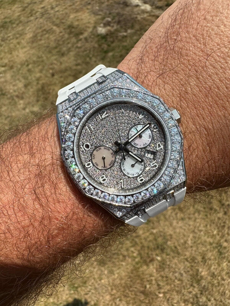 Hip Hop Real MOISSANITE Mens Watch Iced Skeleton Back 44mm Hip Hop - White Silicone Band