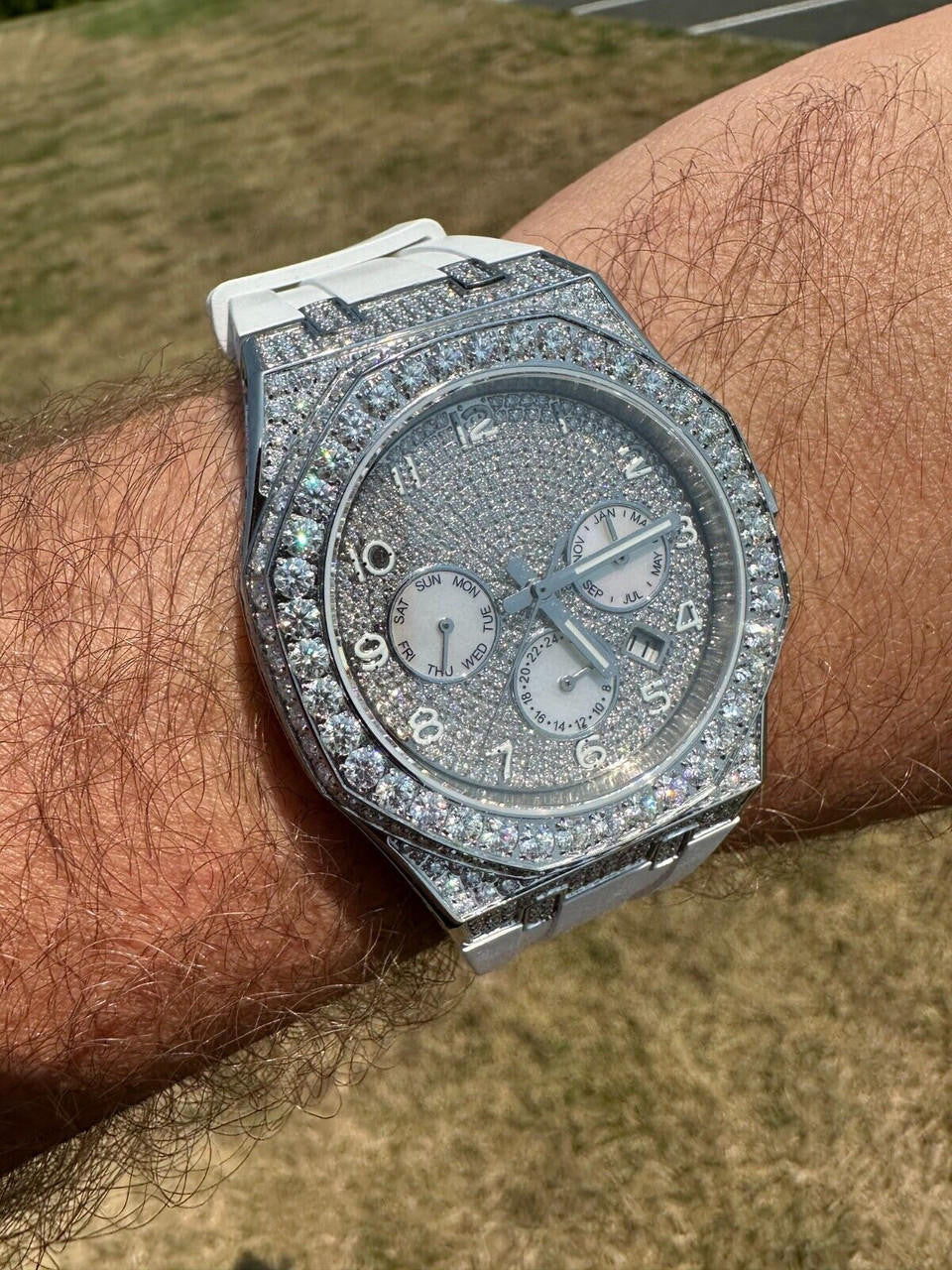 Hip Hop Real MOISSANITE Mens Watch Iced Skeleton Back 44mm Hip Hop - White Silicone Band