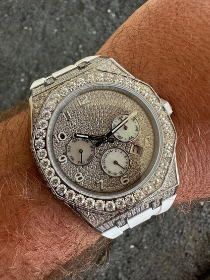 Hip Hop Real MOISSANITE Mens Watch Iced Skeleton Back 44mm Hip Hop - White Silicone Band