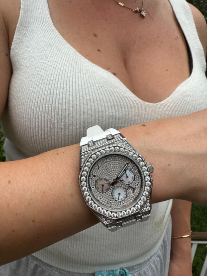 Hip Hop Real MOISSANITE Mens Watch Iced Skeleton Back 44mm Hip Hop - White Silicone Band