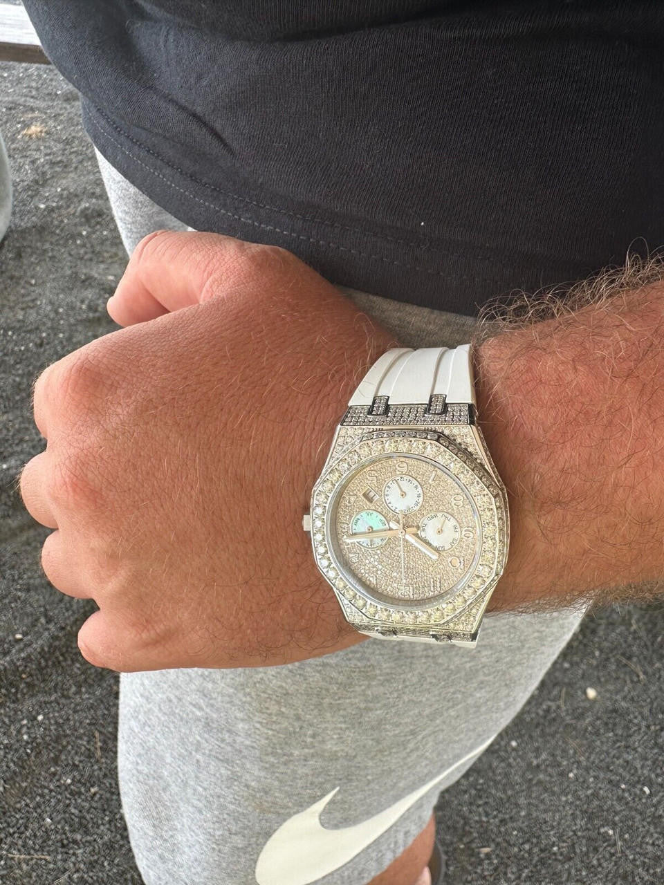 Hip Hop Real MOISSANITE Mens Watch Iced Skeleton Back 44mm Hip Hop - White Silicone Band