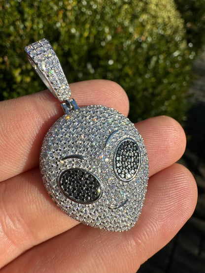 Hip Hop Real Moissanite Pendant Iced Alien Head UFO Emoji Necklace 925 Silver / 14k Gold