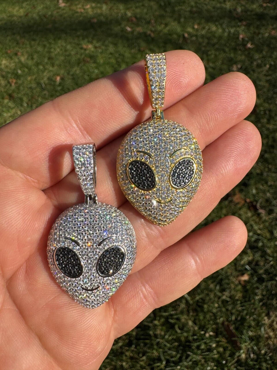 Hip Hop Real Moissanite Pendant Iced Alien Head UFO Emoji Necklace 925 Silver / 14k Gold