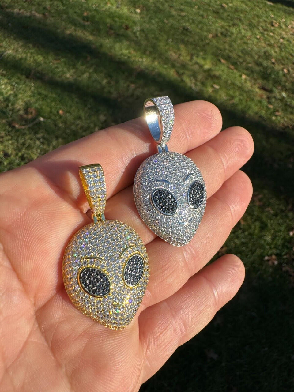 Hip Hop Real Moissanite Pendant Iced Alien Head UFO Emoji Necklace 925 Silver / 14k Gold