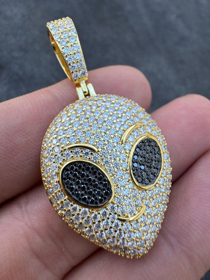 Hip Hop Real Moissanite Pendant Iced Alien Head UFO Emoji Necklace 925 Silver / 14k Gold