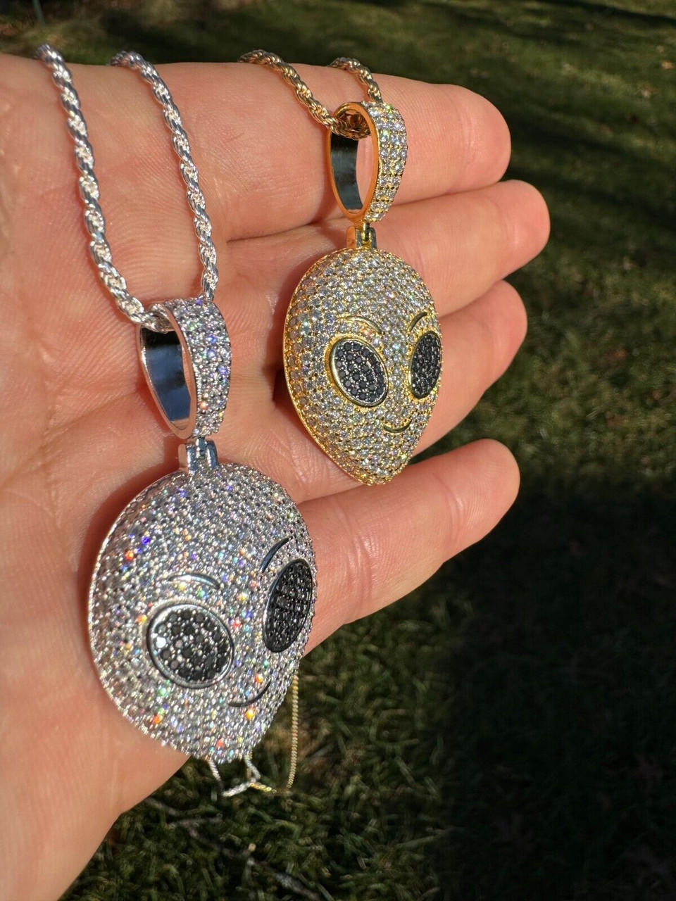 Hip Hop Real Moissanite Pendant Iced Alien Head UFO Emoji Necklace 925 Silver / 14k Gold