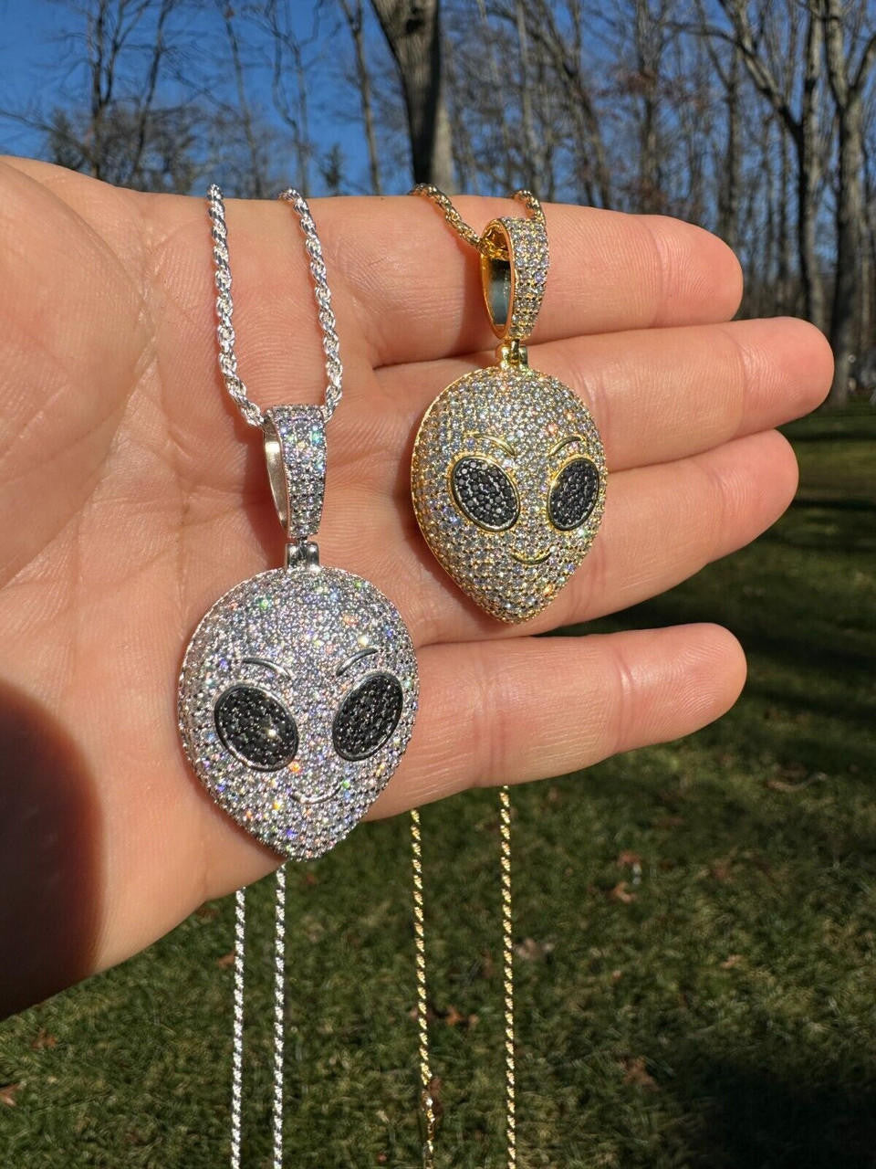Hip Hop Real Moissanite Pendant Iced Alien Head UFO Emoji Necklace 925 Silver / 14k Gold