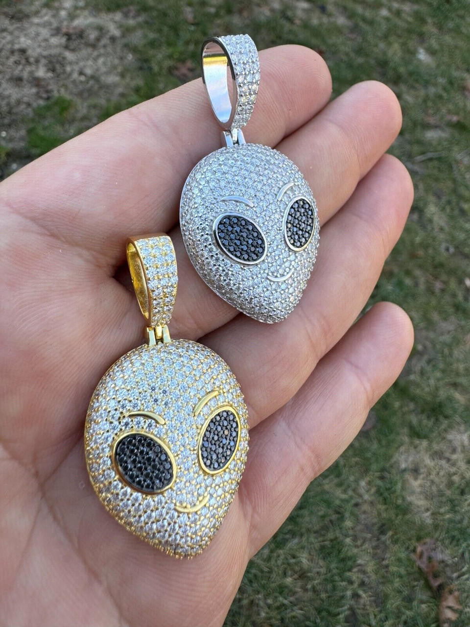 Hip Hop Real Moissanite Pendant Iced Alien Head UFO Emoji Necklace 925 Silver / 14k Gold