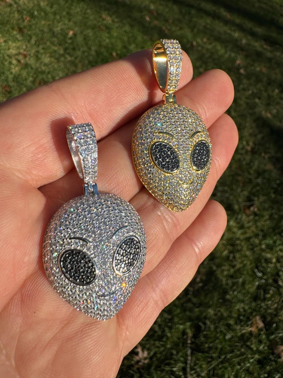 Hip Hop Real Moissanite Pendant Iced Alien Head UFO Emoji Necklace 925 Silver / 14k Gold