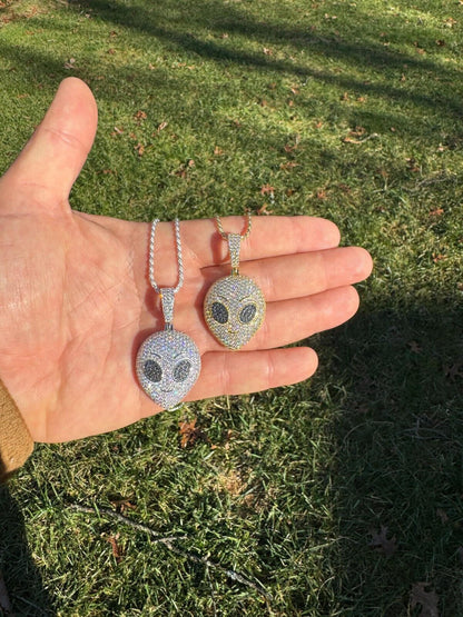 Hip Hop Real Moissanite Pendant Iced Alien Head UFO Emoji Necklace 925 Silver / 14k Gold
