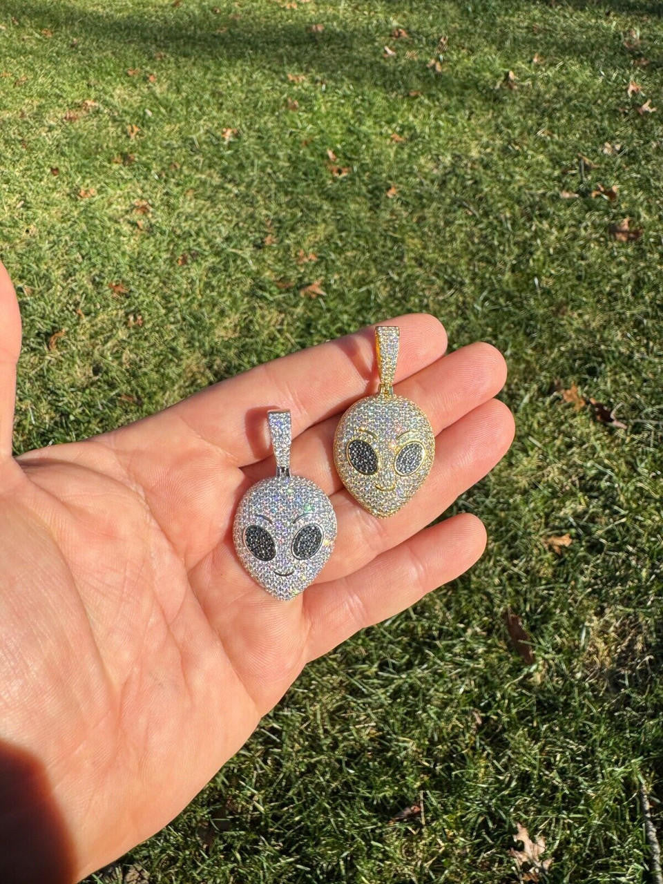 Hip Hop Real Moissanite Pendant Iced Alien Head UFO Emoji Necklace 925 Silver / 14k Gold