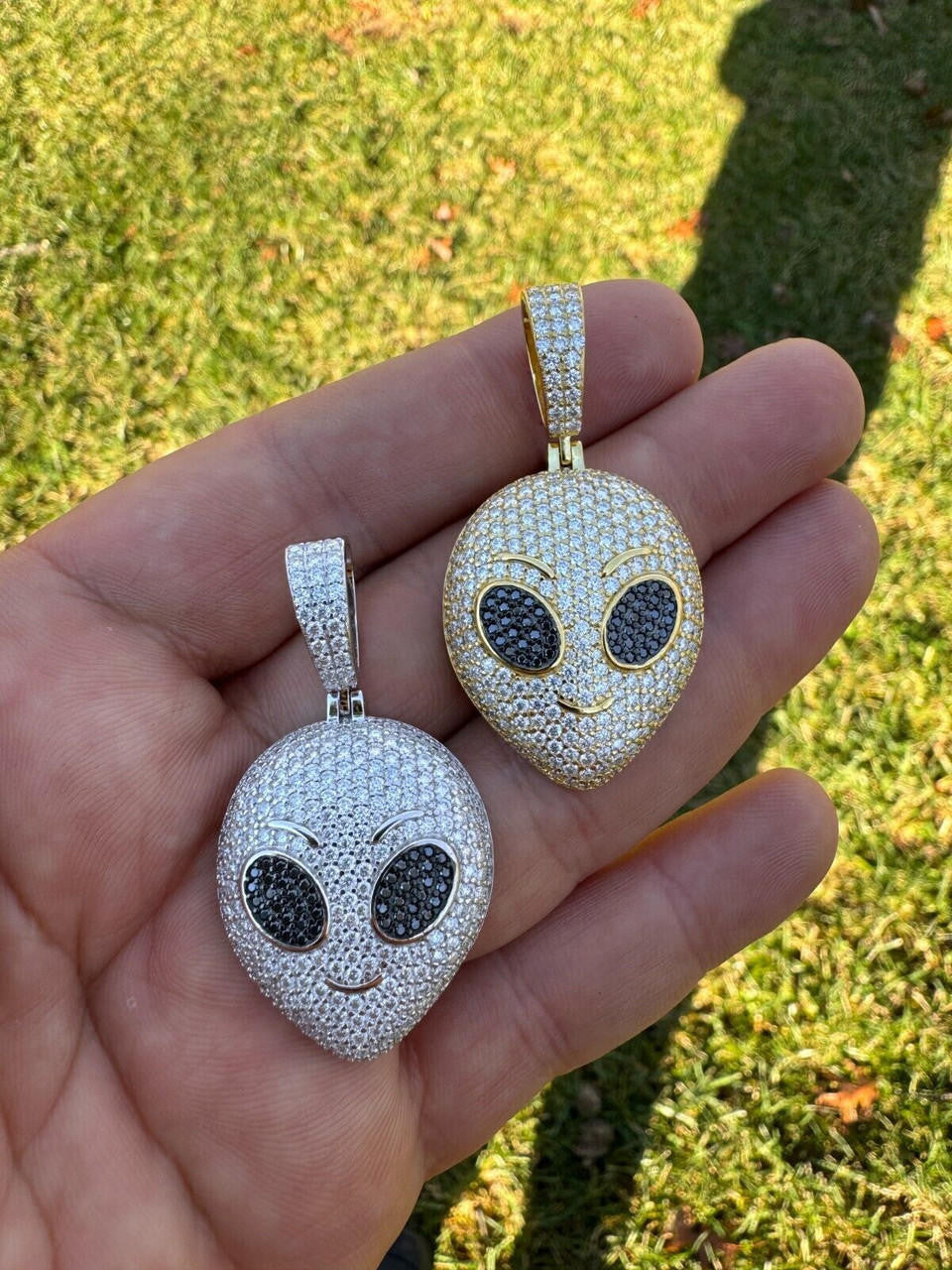 Hip Hop Real Moissanite Pendant Iced Alien Head UFO Emoji Necklace 925 Silver / 14k Gold