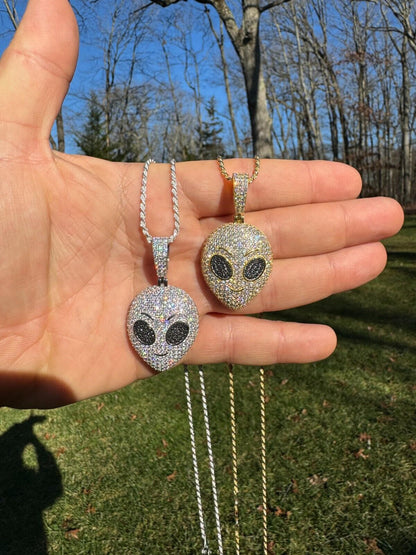 Hip Hop Real Moissanite Pendant Iced Alien Head UFO Emoji Necklace 925 Silver / 14k Gold