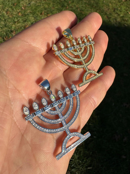 Hip Hop Real Moissanite Pendant Iced Jewish Menorah Hebrew Israelite Necklace 925 Silver