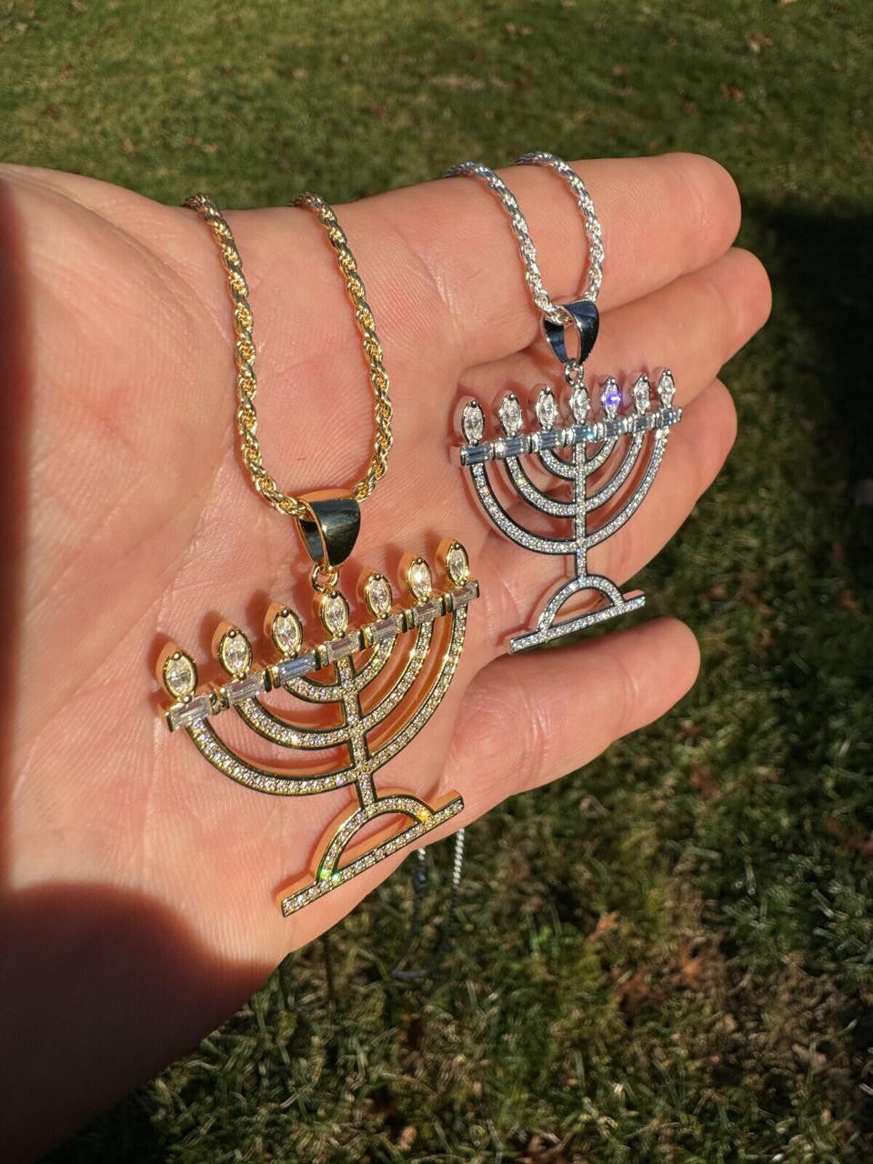 Hip Hop Real Moissanite Pendant Iced Jewish Menorah Hebrew Israelite Necklace 925 Silver