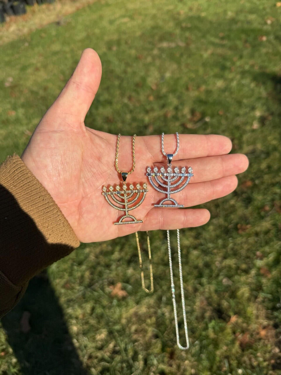 Hip Hop Real Moissanite Pendant Iced Jewish Menorah Hebrew Israelite Necklace 925 Silver